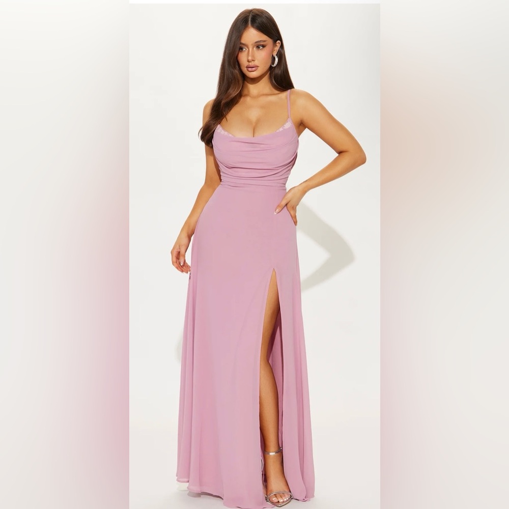 Fashion Nova Drape Me Chiffon and Lace Maxi Dress in Mauve Pink - Size M